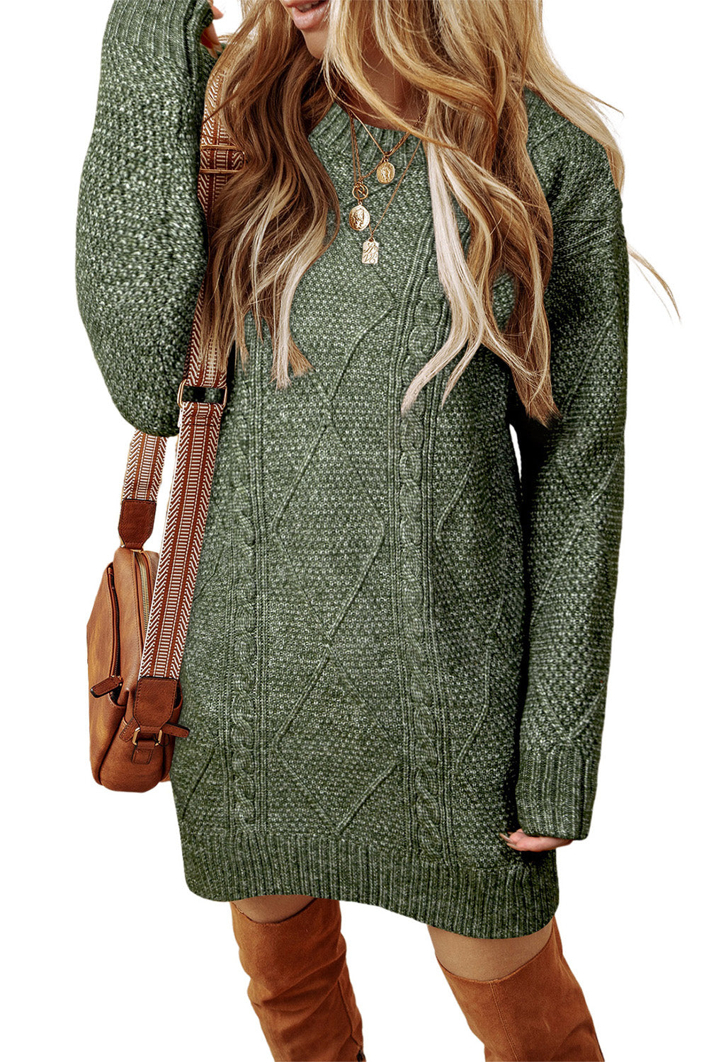 Coffee Twist Cable Knit Drop Shoulder Loose Fit Sweater Dress FamilyClothes
