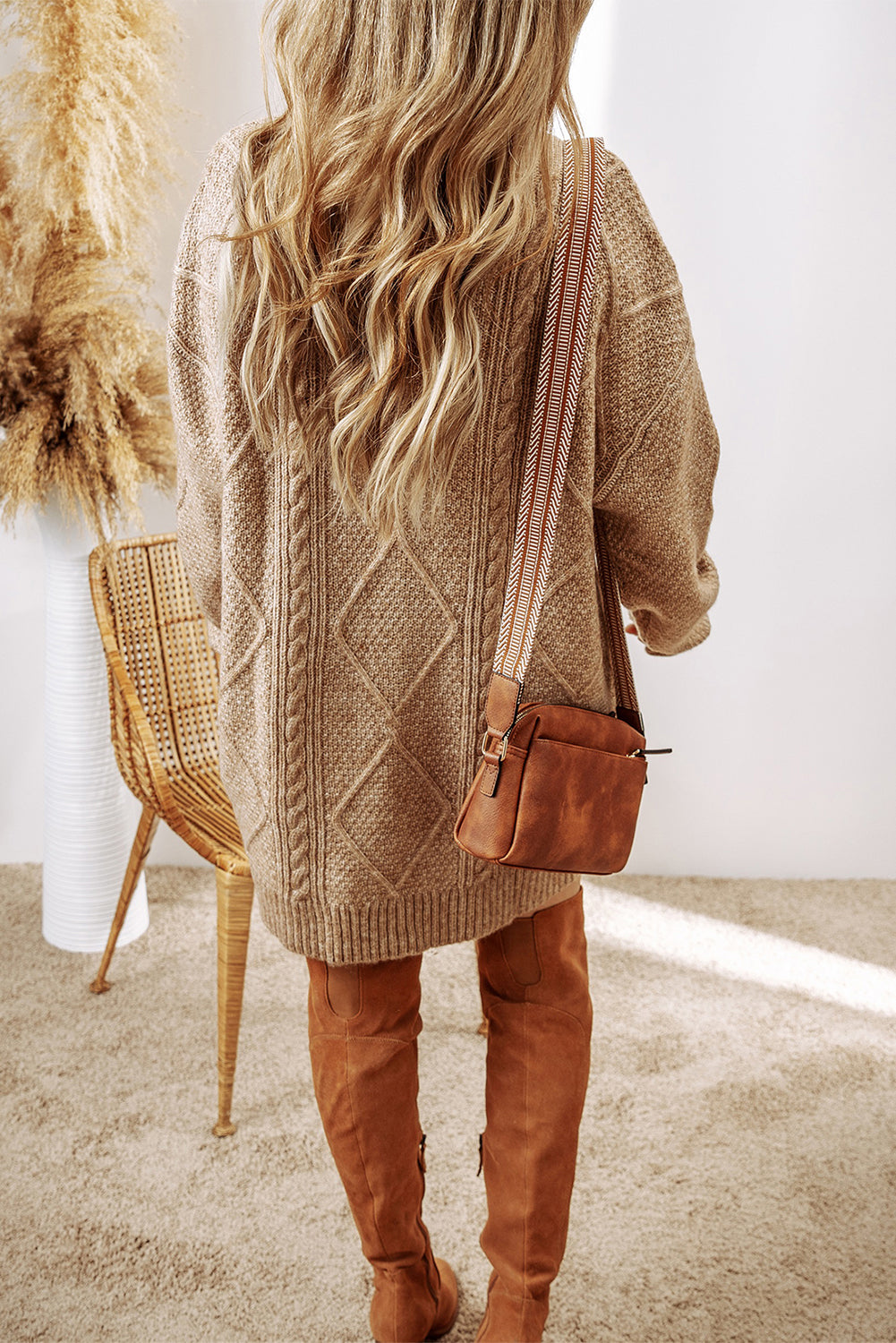 Coffee Twist Cable Knit Drop Shoulder Loose Fit Sweater Dress FamilyClothes
