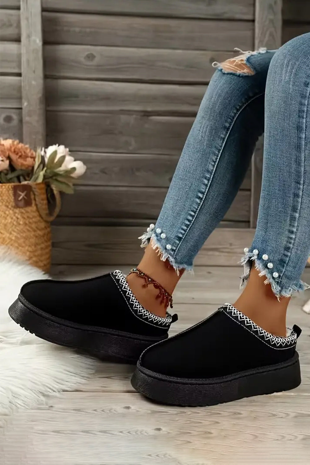 Chestnut Suede Contrast Print Round Toe Plush Lined Flats Shewin