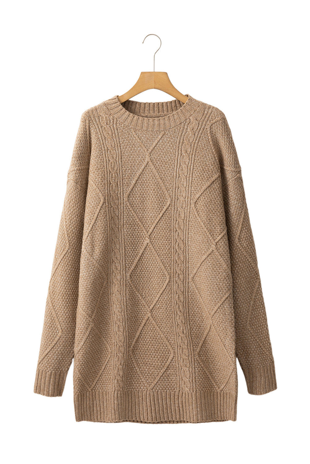 Coffee Twist Cable Knit Drop Shoulder Loose Fit Sweater Dress FamilyClothes