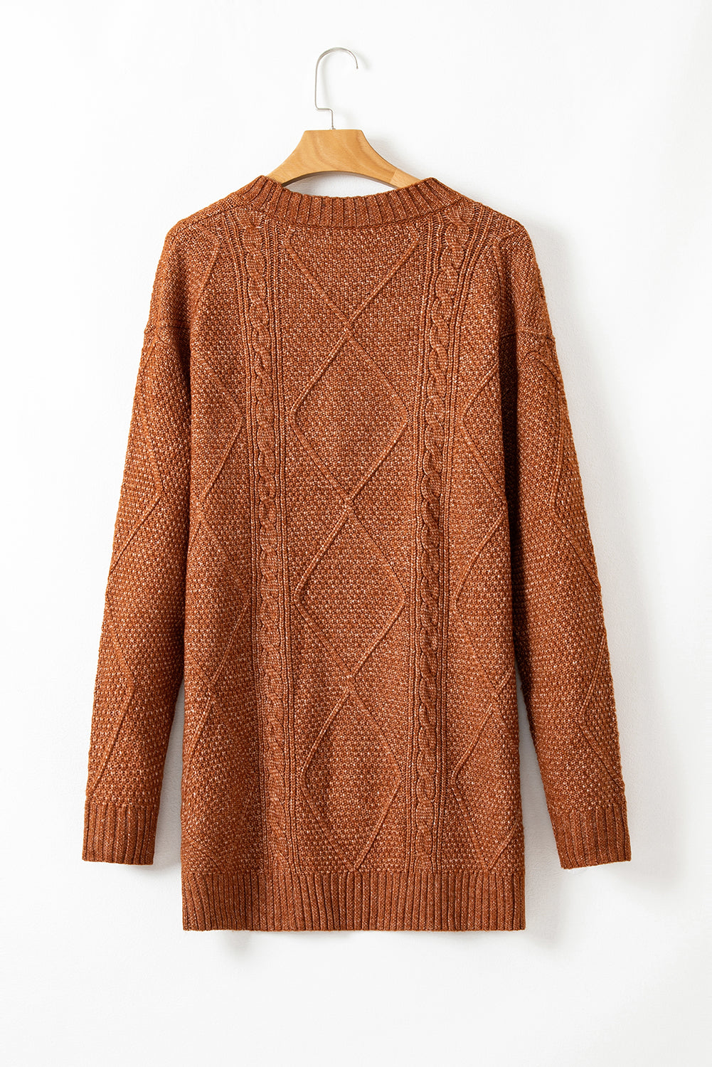 Coffee Twist Cable Knit Drop Shoulder Loose Fit Sweater Dress Shewin