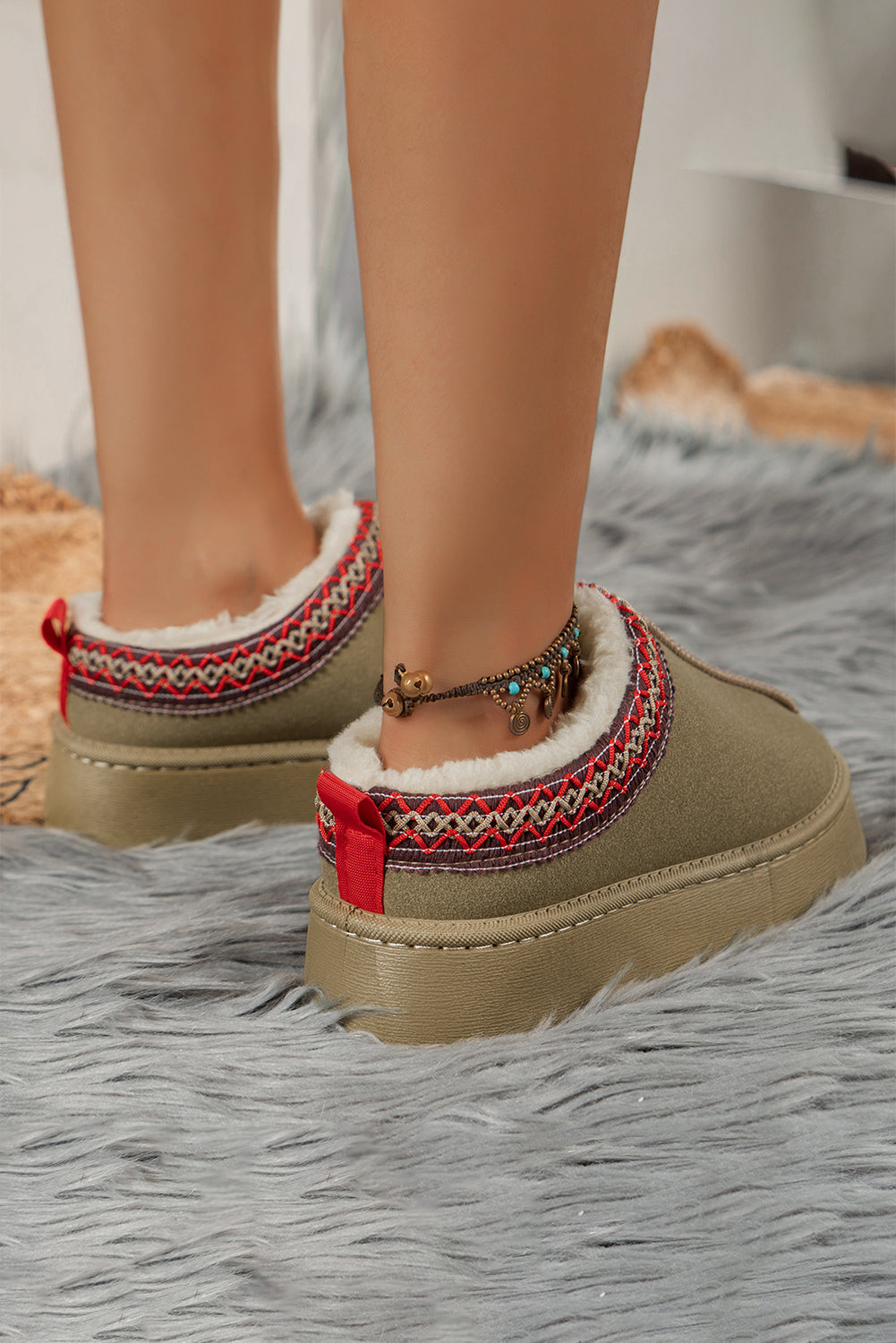 Chestnut Suede Contrast Print Round Toe Plush Lined Flats Shewin