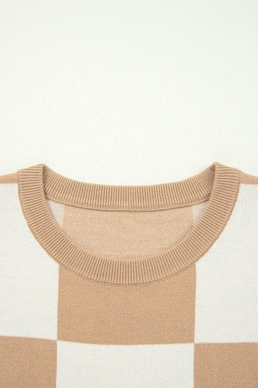 Checker Short Sleeve Drop Shoulder Sweater - FamilyClothes