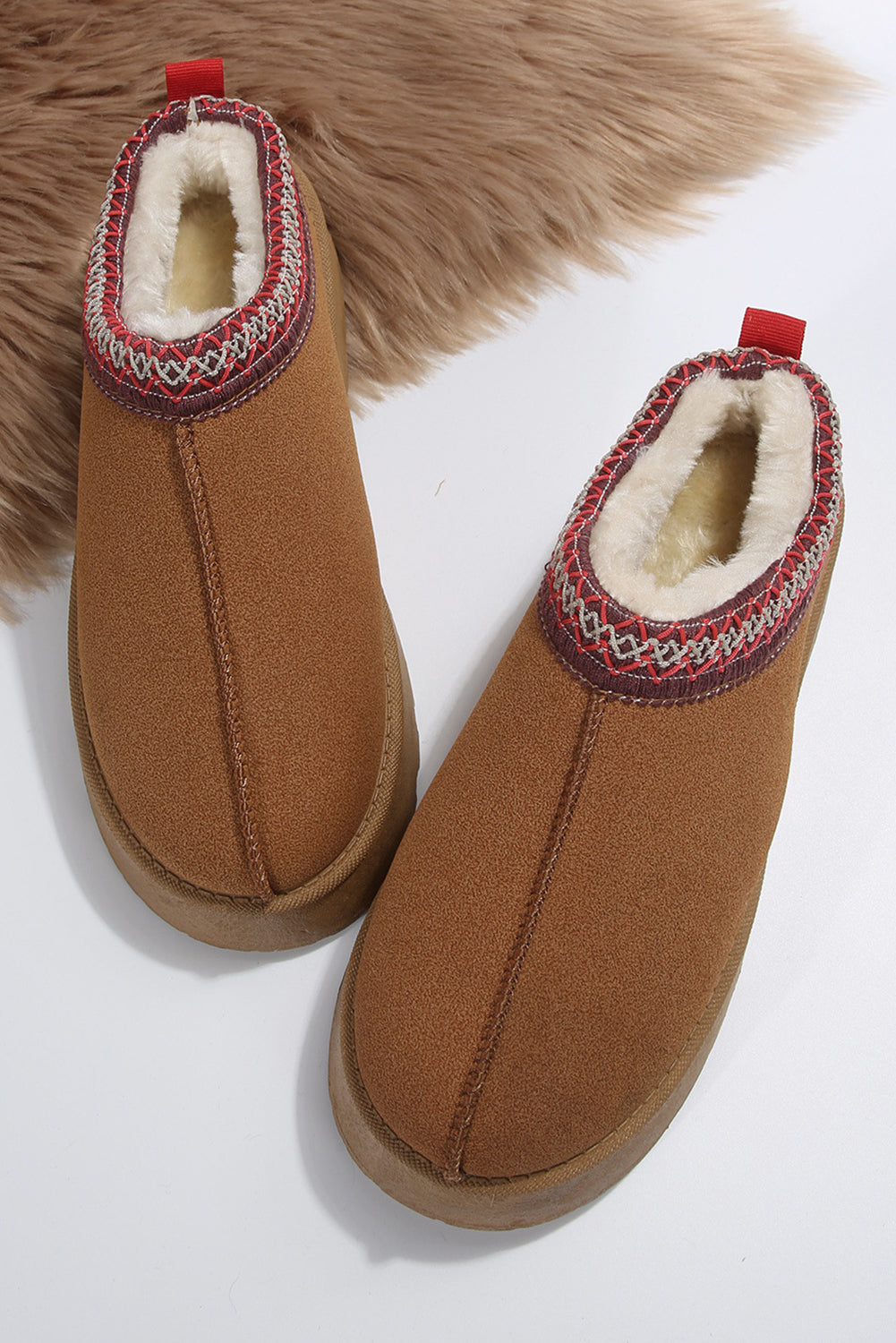 Chestnut Suede Contrast Print Round Toe Plush Lined Flats Shewin