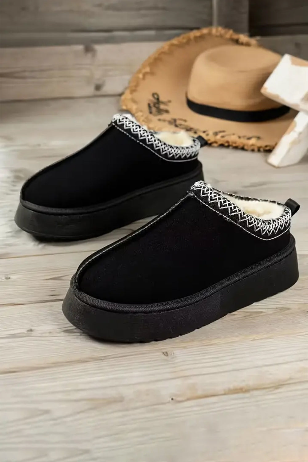 Chestnut Suede Contrast Print Round Toe Plush Lined Flats Shewin