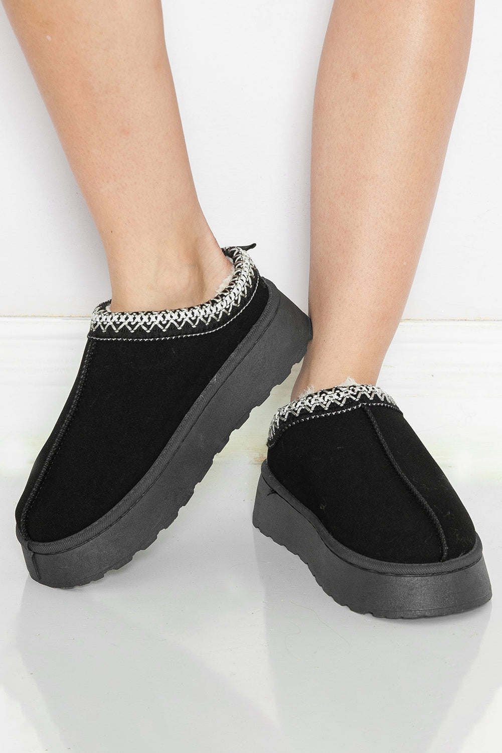 Chestnut Suede Contrast Print Round Toe Plush Lined Flats Shewin