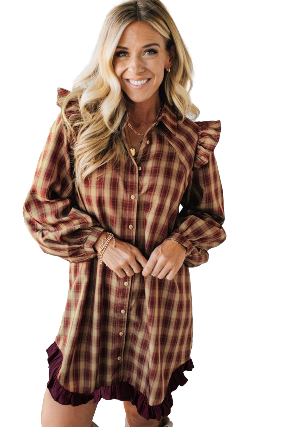 Red Plaid Print Ruffled Long Sleeve Patchwork Hem Mini Shirt Dress