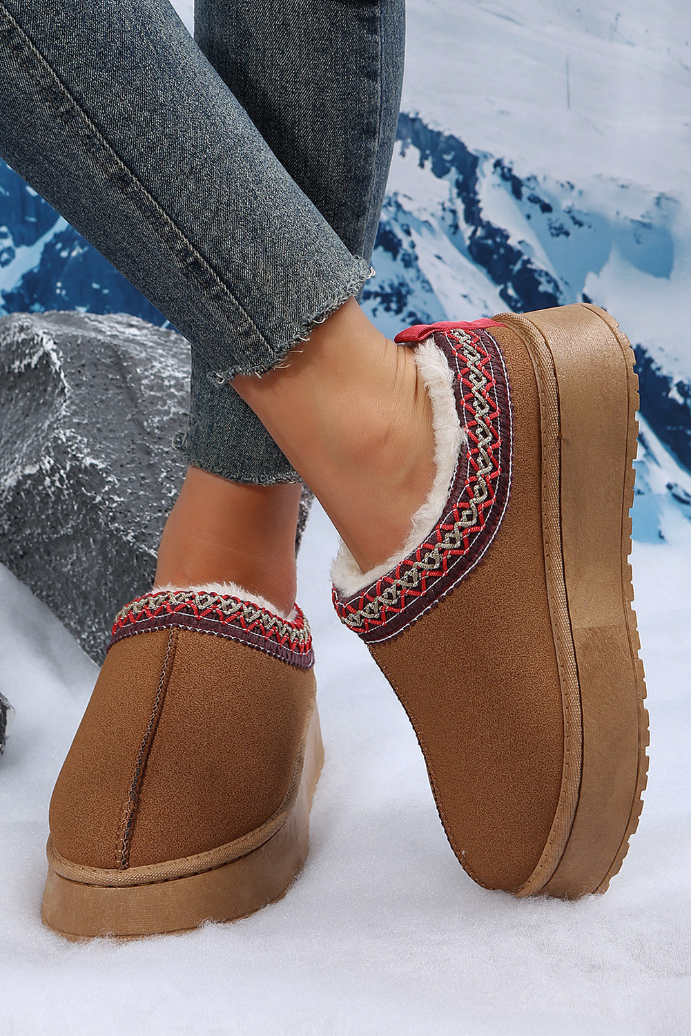 Chestnut Suede Contrast Print Round Toe Plush Lined Flats Shewin