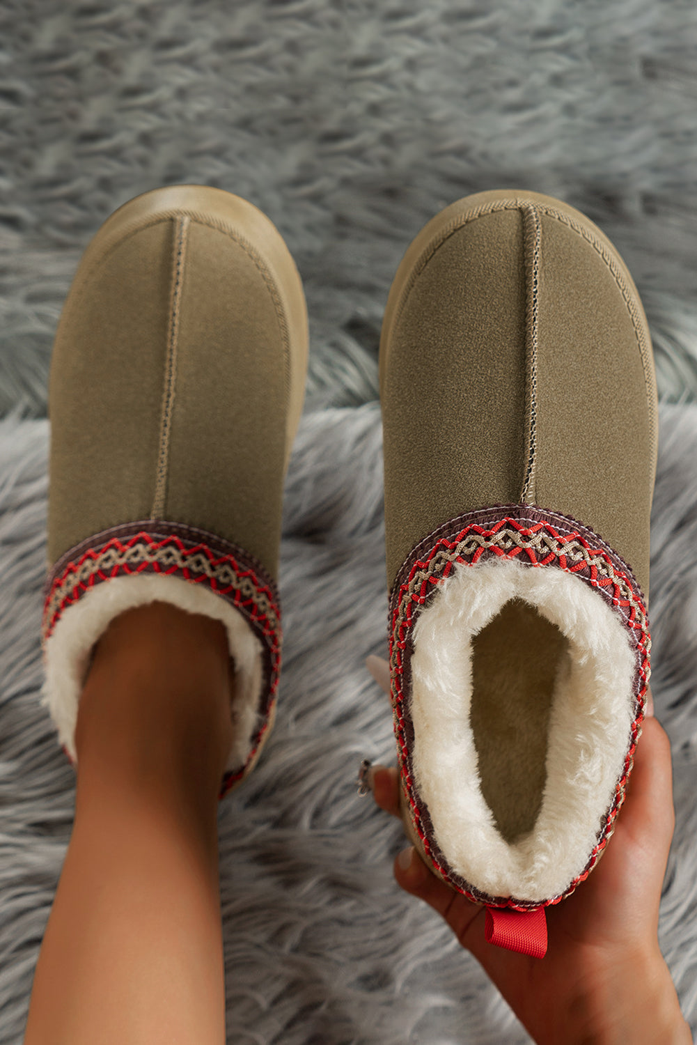 Chestnut Suede Contrast Print Round Toe Plush Lined Flats Shewin