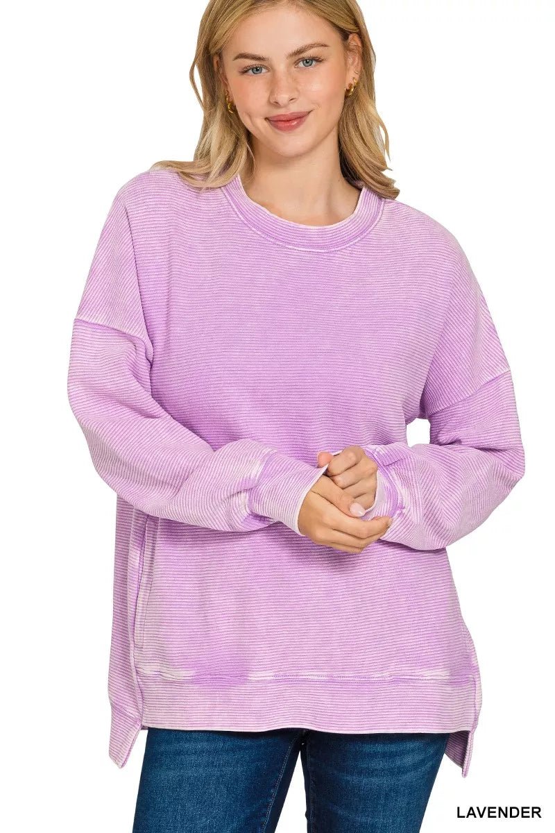 Acid Washed Double Ribbed Hi - low Sweatshirt - FamilyClothes