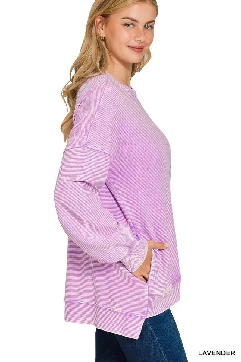 Acid Washed Double Ribbed Hi - low Sweatshirt - FamilyClothes