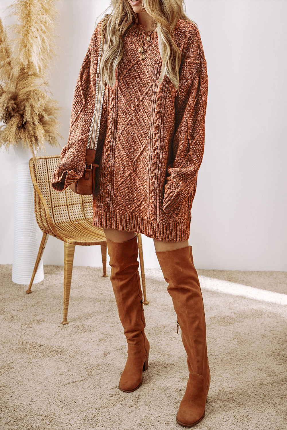 Coffee Twist Cable Knit Drop Shoulder Loose Fit Sweater Dress Shewin