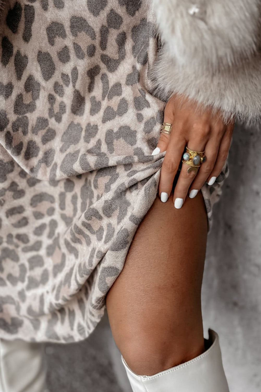 Gray Leopard Print V Neck Loose Fit Long Sleeve Midi Dress Shewin