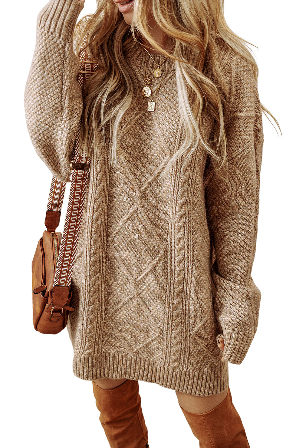 Coffee Twist Cable Knit Drop Shoulder Loose Fit Sweater Dress FamilyClothes
