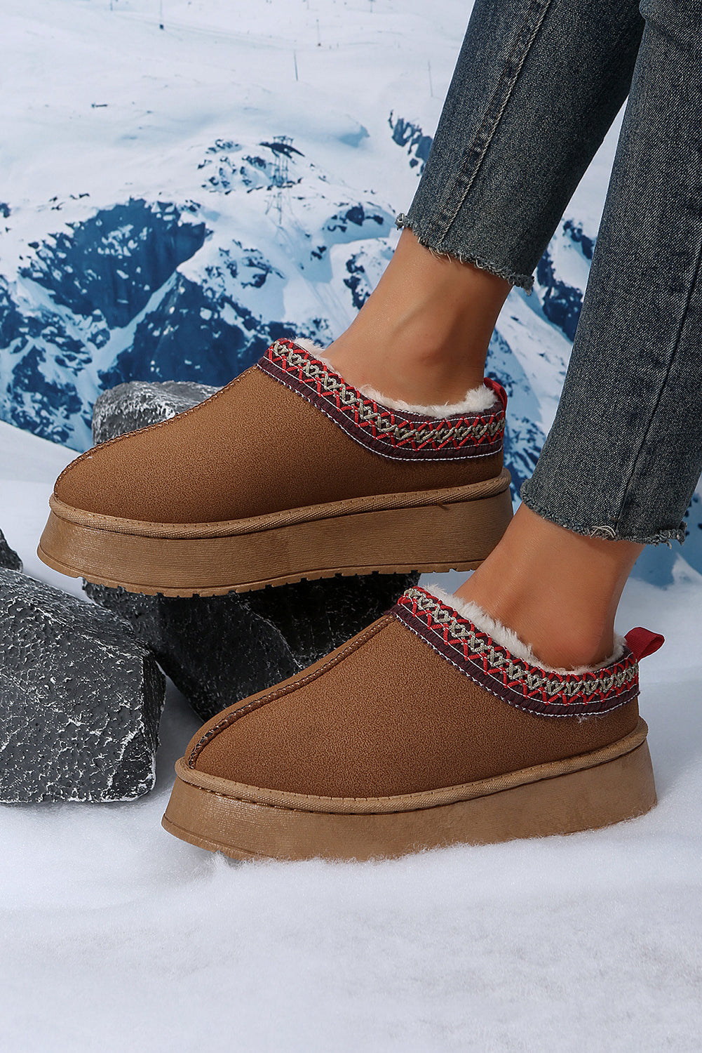 Chestnut Suede Contrast Print Round Toe Plush Lined Flats Shewin