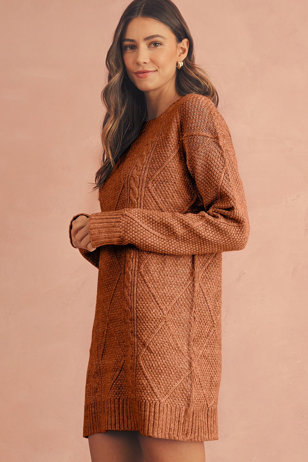 Coffee Twist Cable Knit Drop Shoulder Loose Fit Sweater Dress Shewin