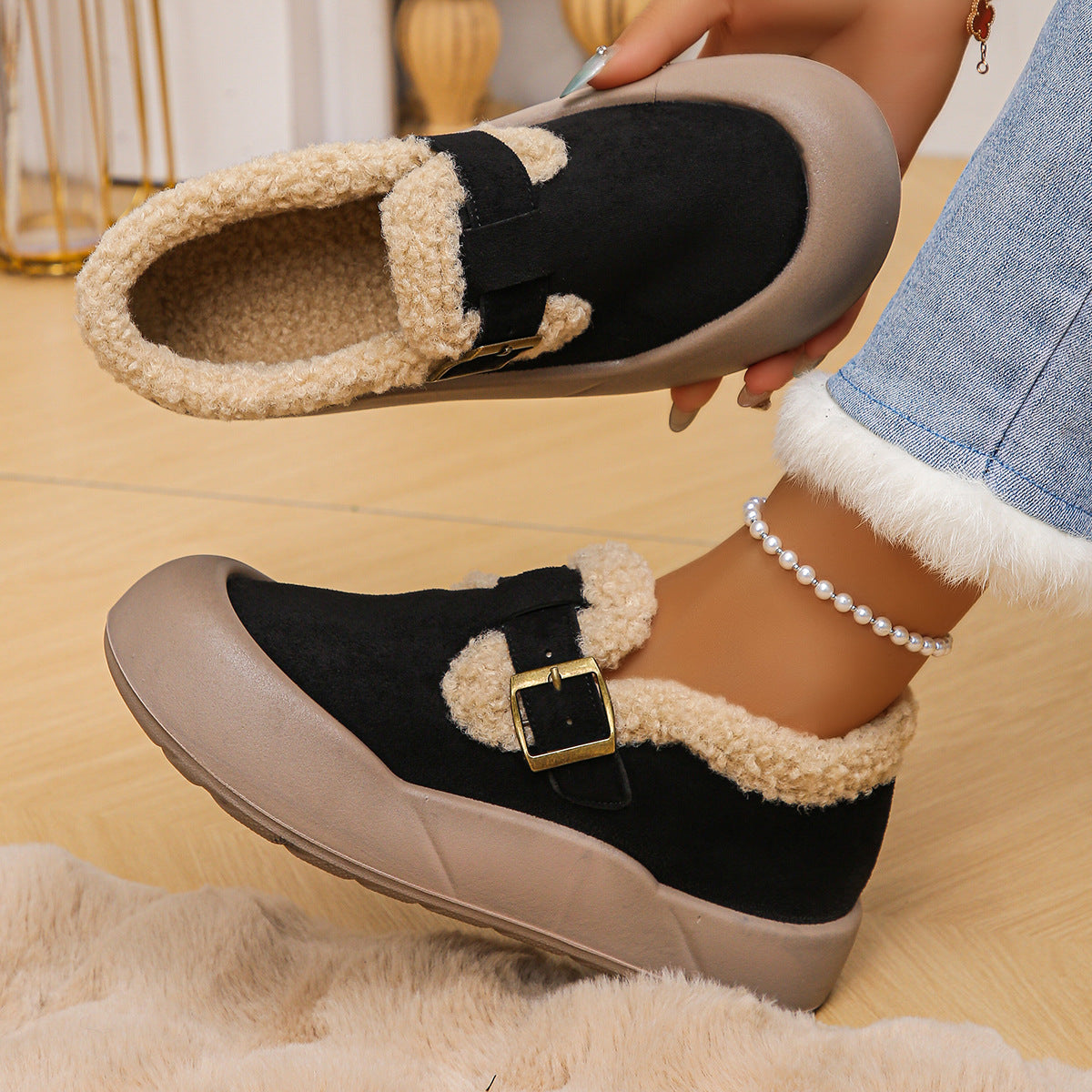 Winter fleece, anti-slip, thickened warm cotton shoes, snow ankle boots, versatile outdoor women's cotton shoes