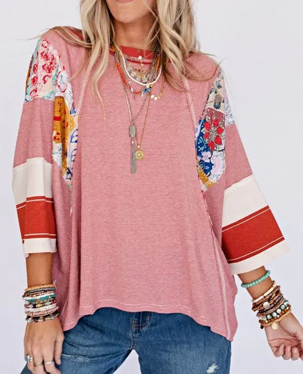Color Block Stripe Floral Dolman Tunic Top - FamilyClothes
