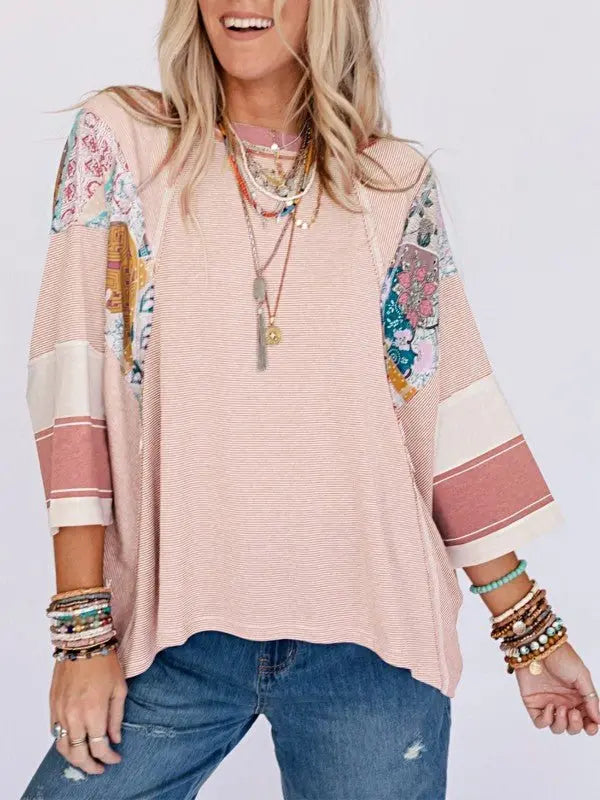 Color Block Stripe Floral Dolman Tunic Top - FamilyClothes