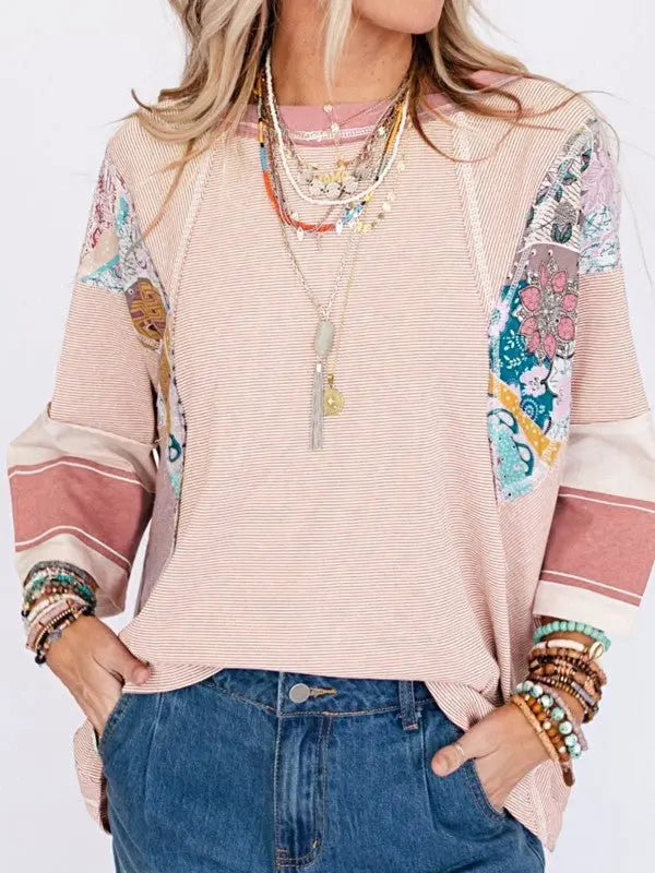 Color Block Stripe Floral Dolman Tunic Top - FamilyClothes