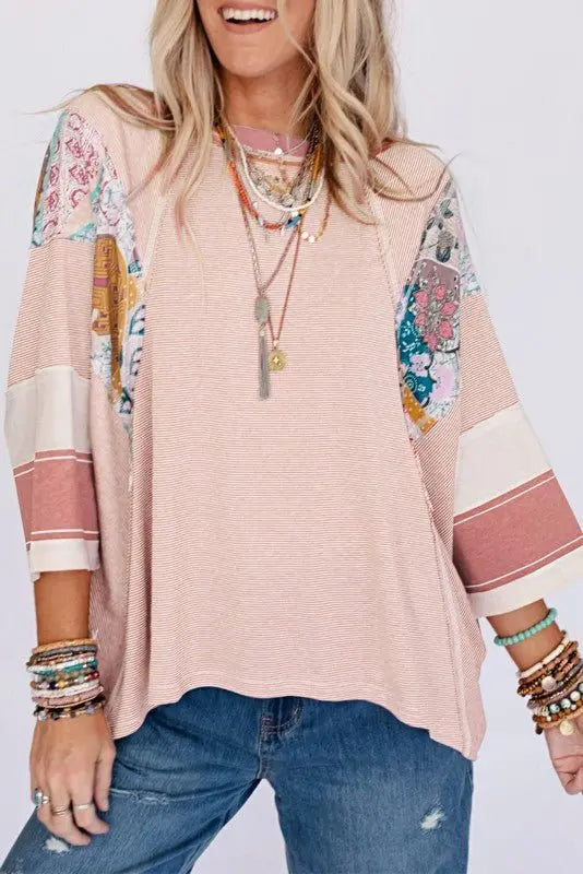 Color Block Stripe Floral Dolman Tunic Top - FamilyClothes