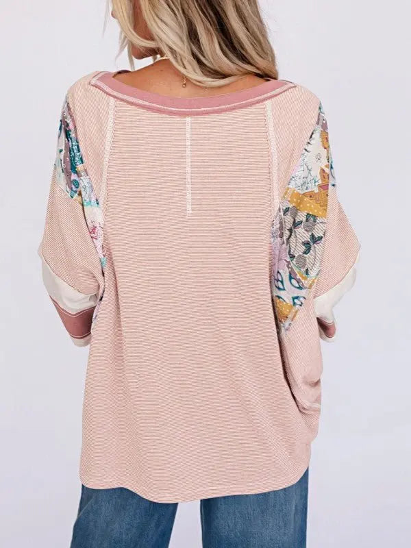 Color Block Stripe Floral Dolman Tunic Top - FamilyClothes