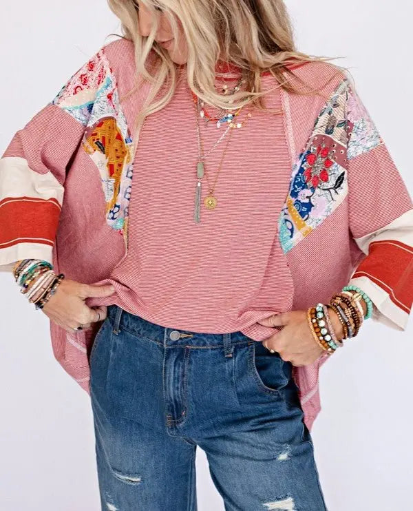 Color Block Stripe Floral Dolman Tunic Top - FamilyClothes