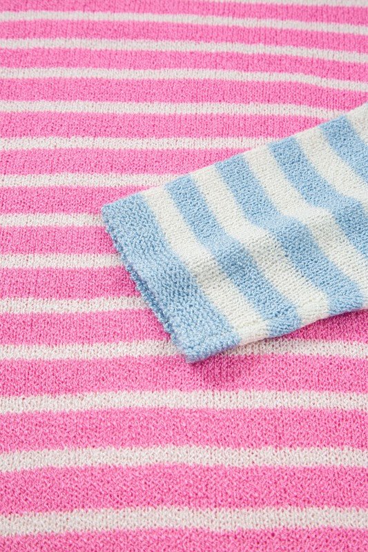Colorblock Striped Patchwork Dolman Slit Sweater - FamilyClothes
