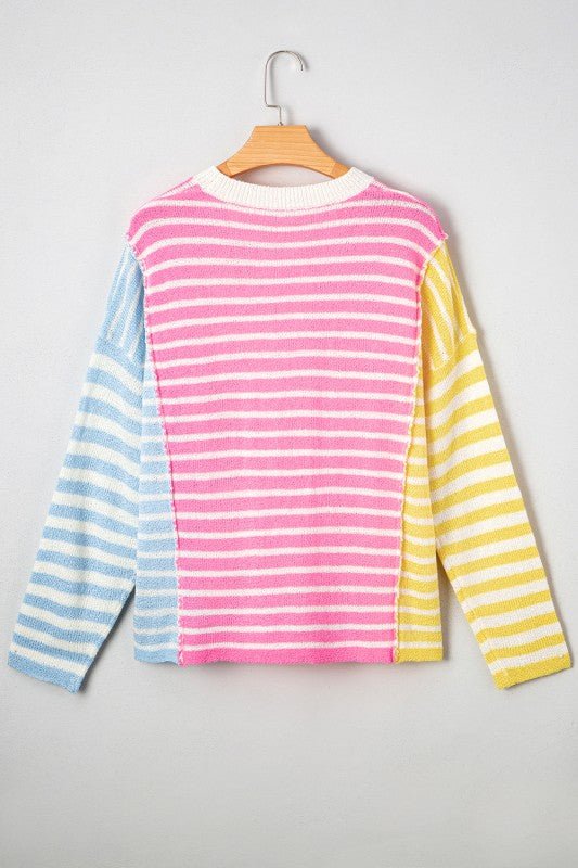 Colorblock Striped Patchwork Dolman Slit Sweater - FamilyClothes