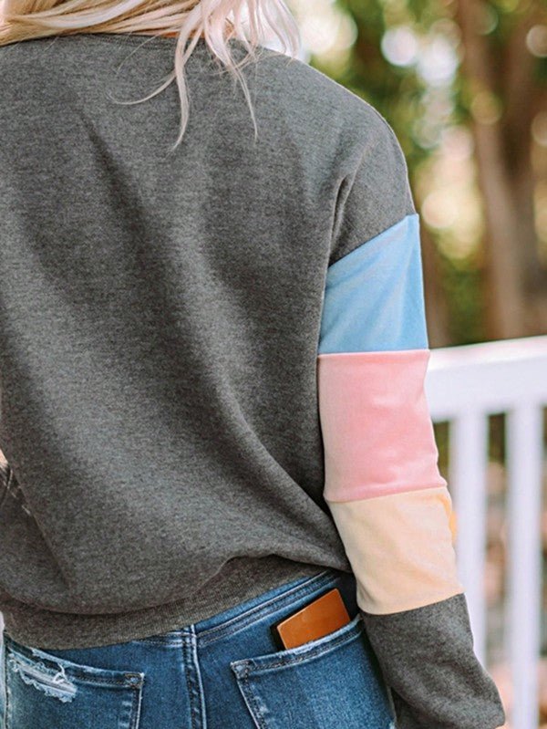 Cotton Casual Color Block Drop Sleeve Sweatshirt - FamilyClothes
