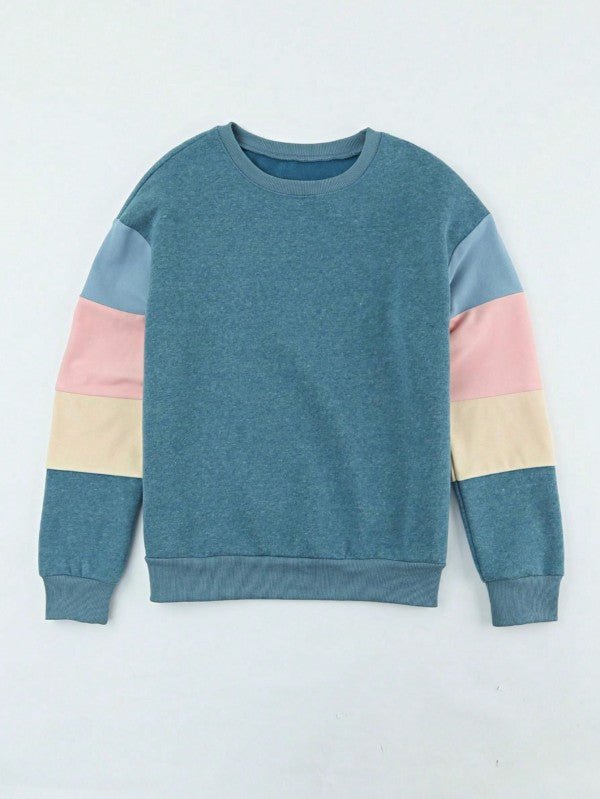Cotton Casual Color Block Drop Sleeve Sweatshirt - FamilyClothes