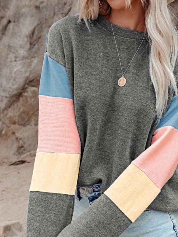 Cotton Casual Color Block Drop Sleeve Sweatshirt - FamilyClothes