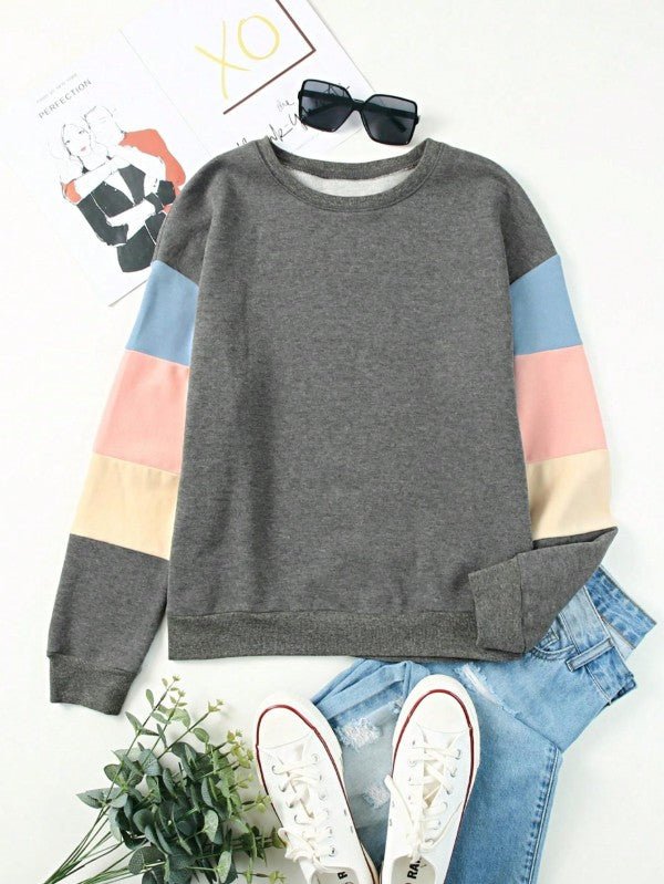 Cotton Casual Color Block Drop Sleeve Sweatshirt - FamilyClothes