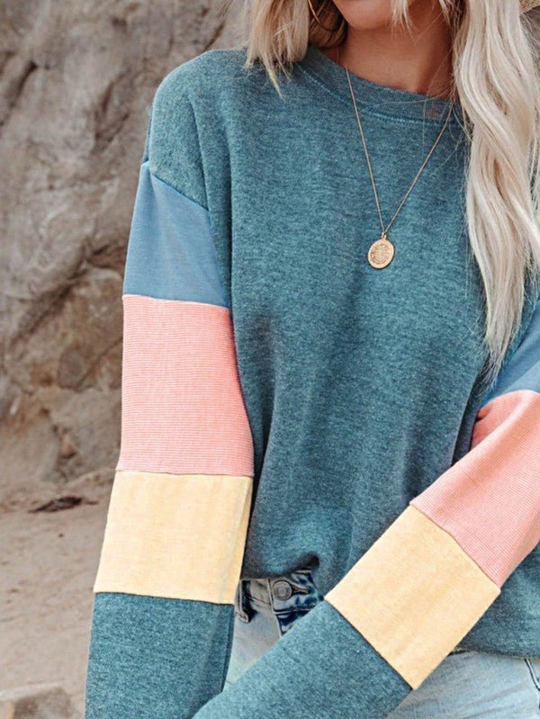 Cotton Casual Color Block Drop Sleeve Sweatshirt - FamilyClothes