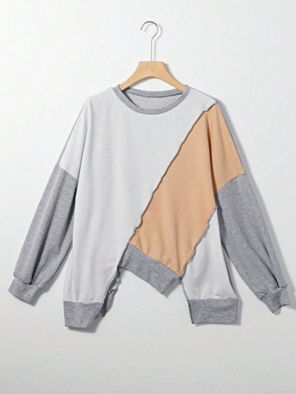 Cotton Stitching Irregular Hem Block Pullover - FamilyClothes