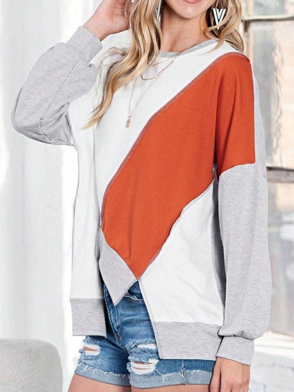Cotton Stitching Irregular Hem Block Pullover - FamilyClothes