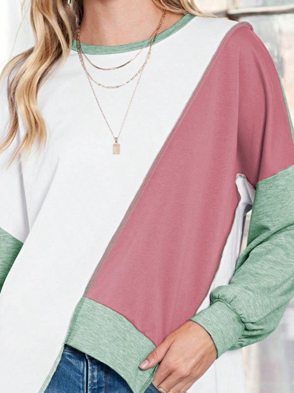 Cotton Stitching Irregular Hem Block Pullover - FamilyClothes