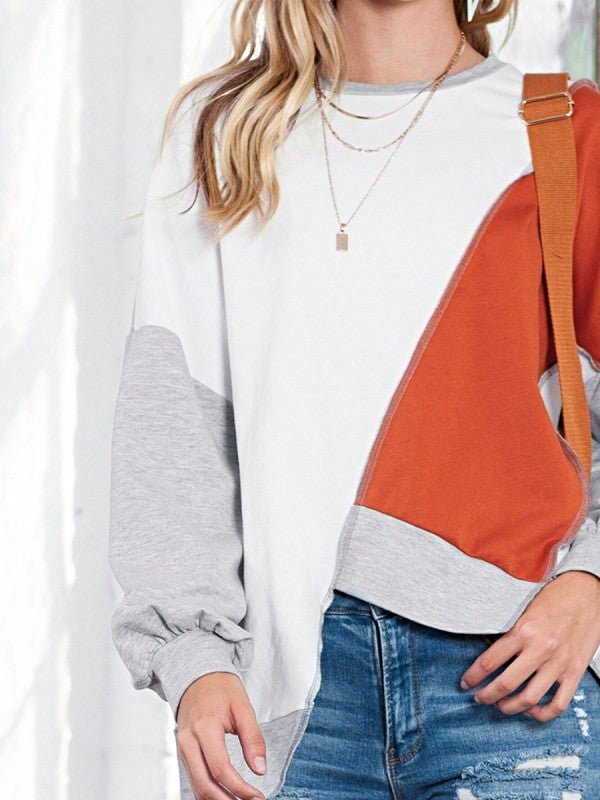 Cotton Stitching Irregular Hem Block Pullover - FamilyClothes