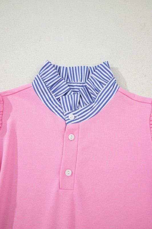 Cotton Striped Collar Puff Sleeve Sweatshirt - FamilyClothes