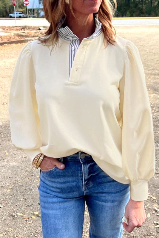 Cotton Striped Collar Puff Sleeve Sweatshirt - FamilyClothes