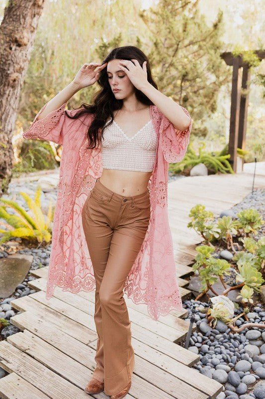 Crochet Open Patch Longline Kimono - FamilyClothes