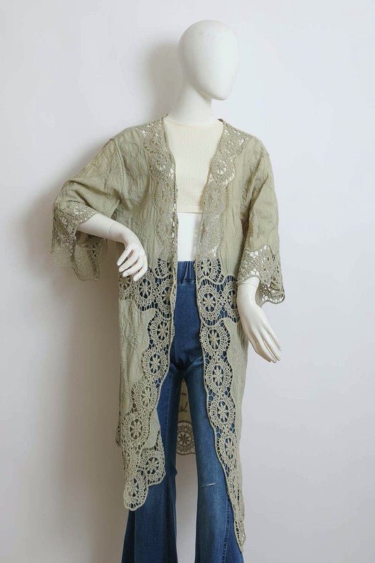 Crochet Open Patch Longline Kimono - FamilyClothes