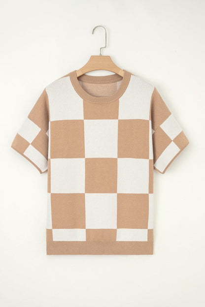 Checker Short Sleeve Drop Shoulder Sweater - FamilyClothes