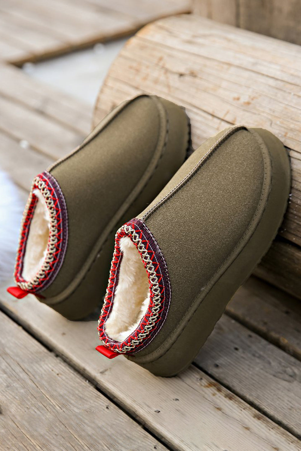 Chestnut Suede Contrast Print Round Toe Plush Lined Flats Shewin