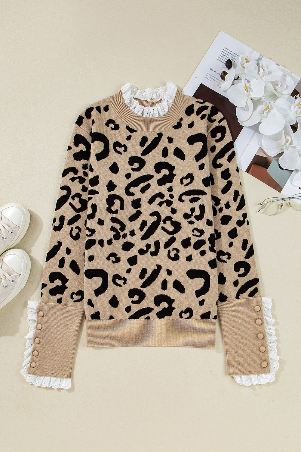 Brown Leopard Pattern Lace Trim Ribbed Detail Button Cuffed Sweater FamilyClothes