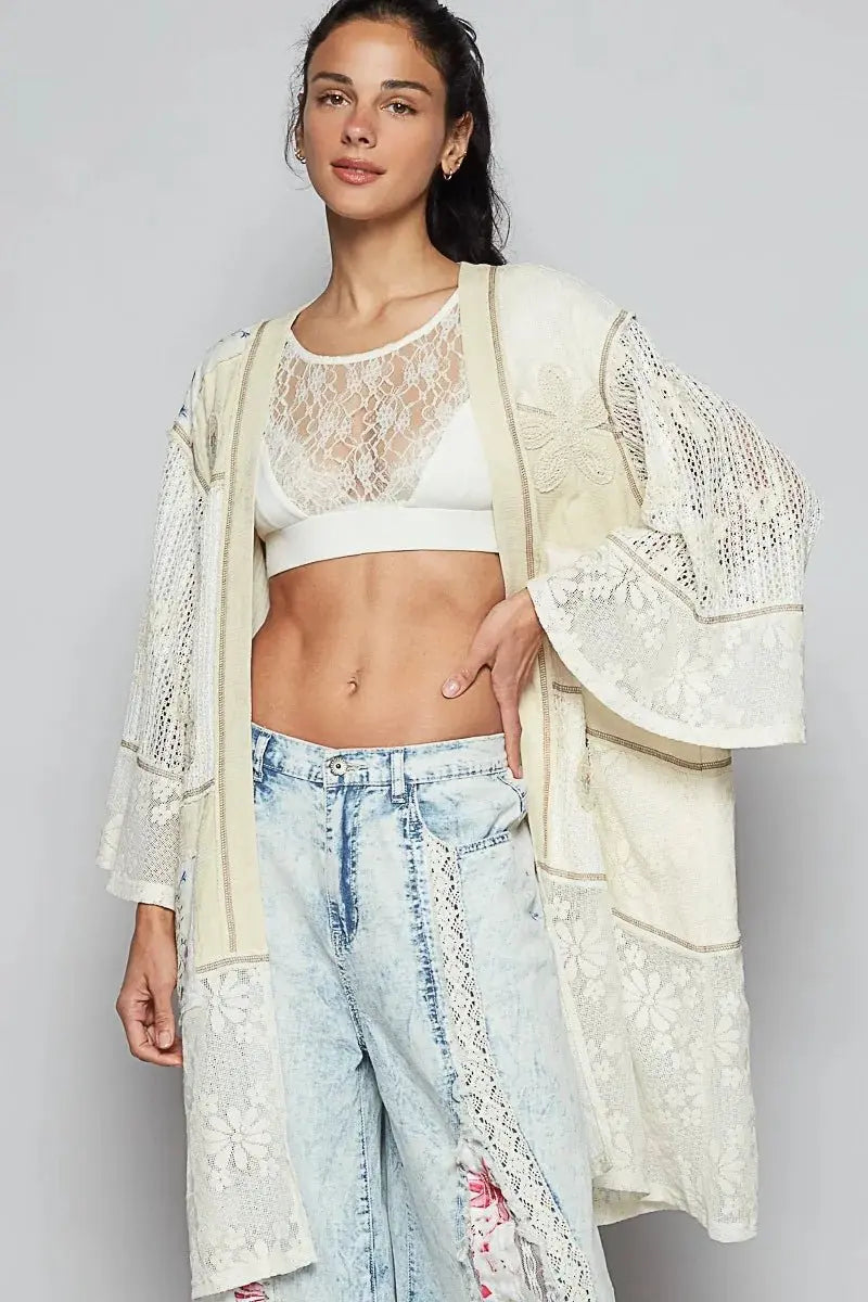 Double Gauze and Lace Mix Cardigan with Embroidered Detail - FamilyClothes