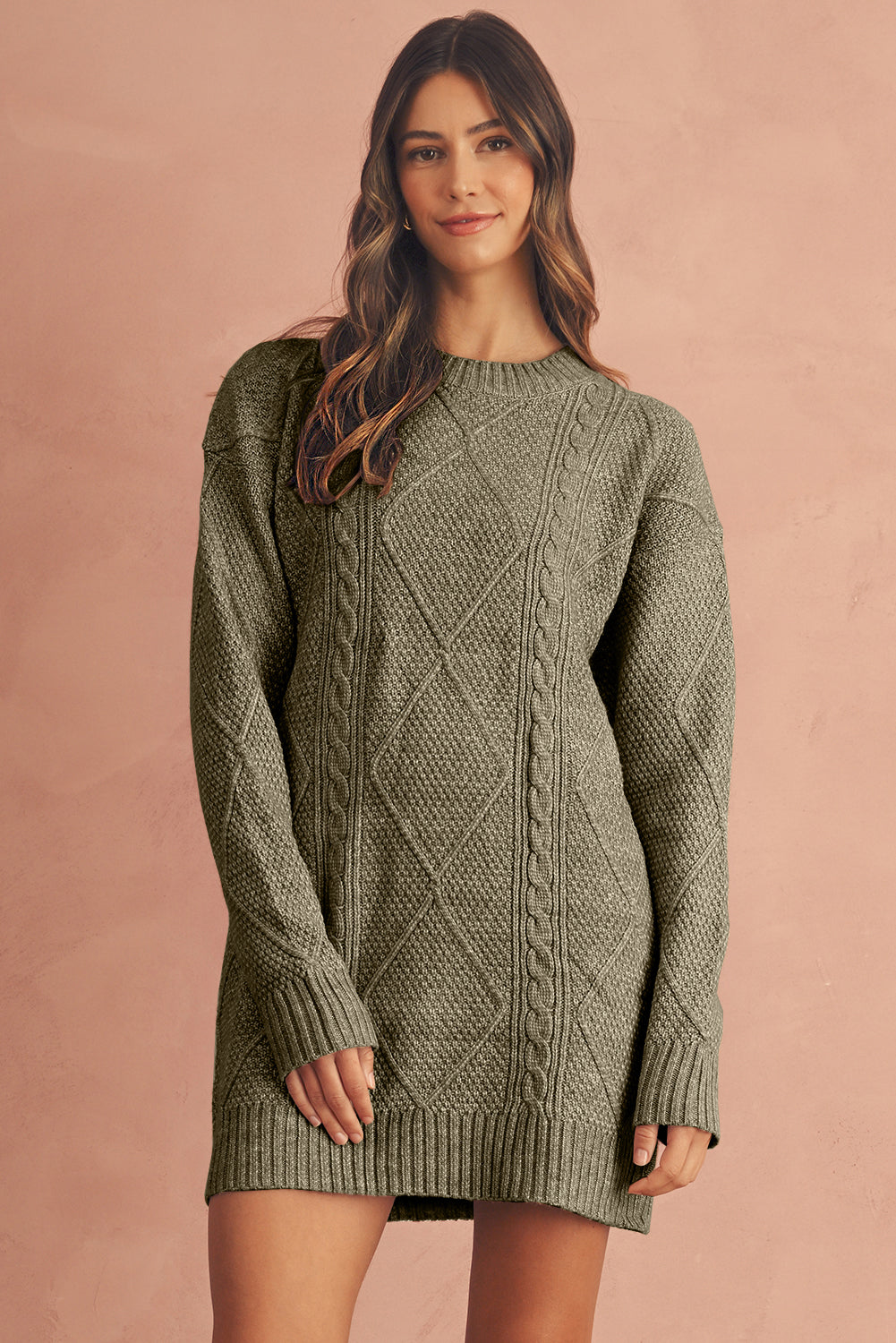 Coffee Twist Cable Knit Drop Shoulder Loose Fit Sweater Dress FamilyClothes