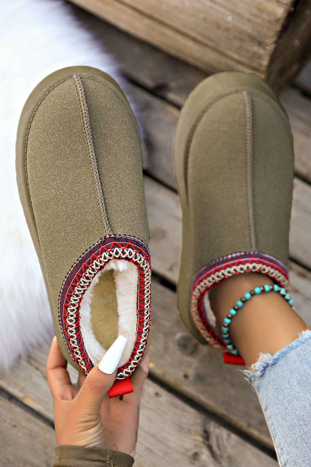 Chestnut Suede Contrast Print Round Toe Plush Lined Flats Shewin