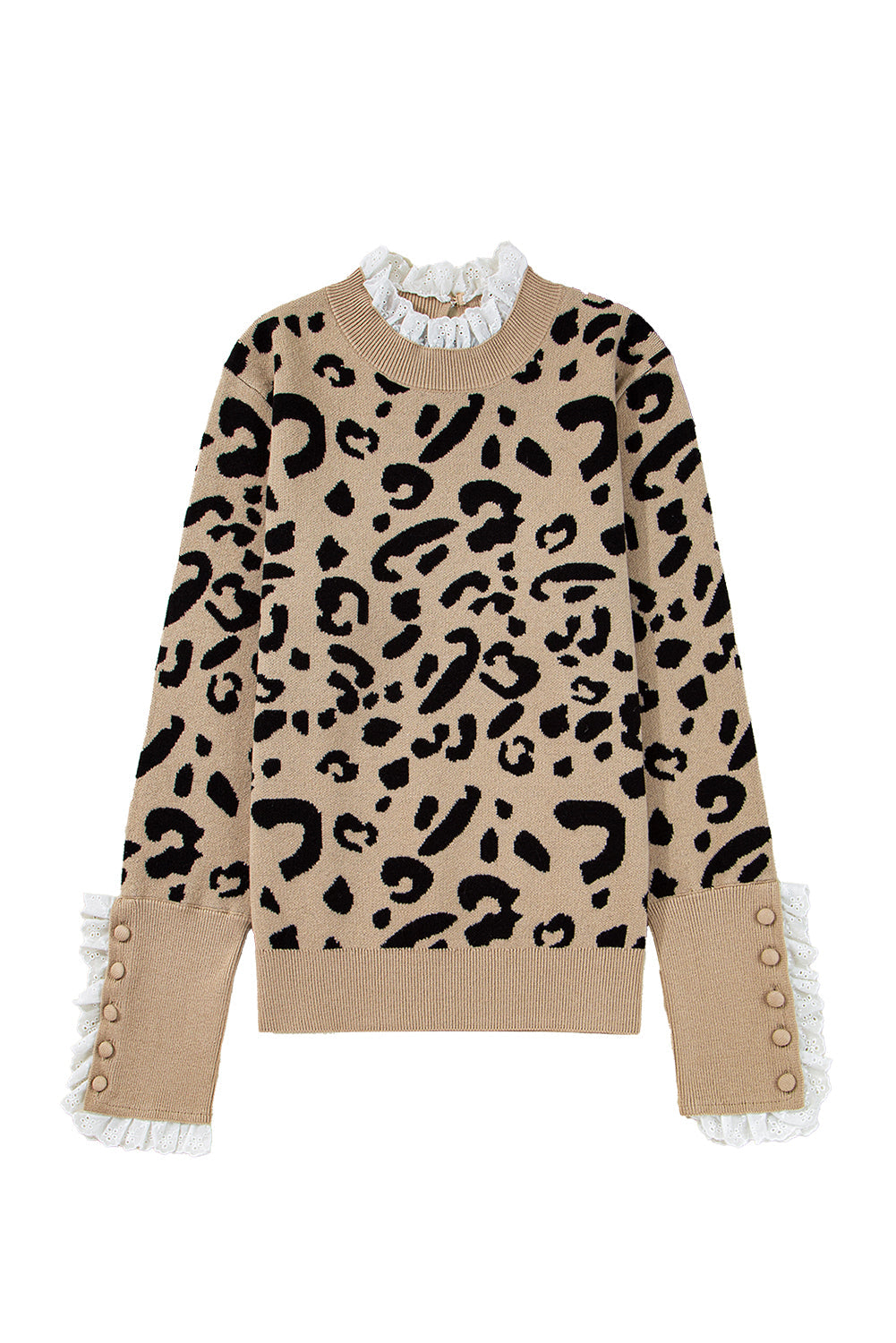 Brown Leopard Pattern Lace Trim Ribbed Detail Button Cuffed Sweater Shewin