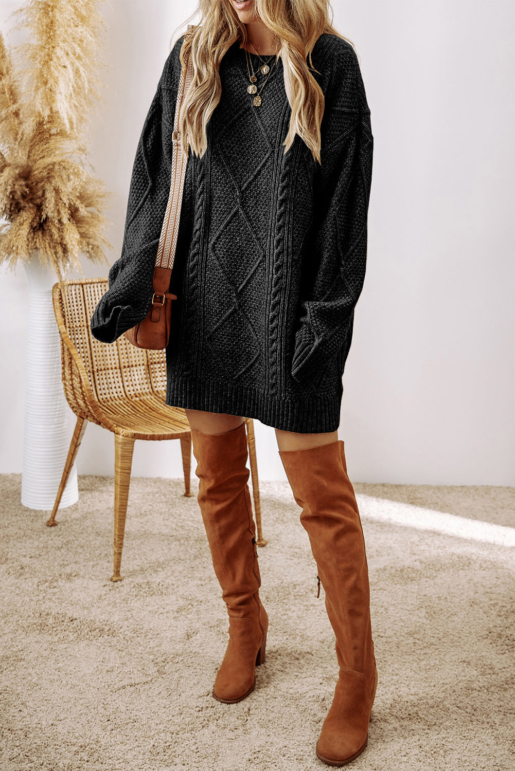 Coffee Twist Cable Knit Drop Shoulder Loose Fit Sweater Dress Shewin